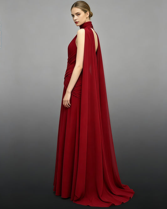 Red High Neck Cape Ruched Tunic Maxi Dress