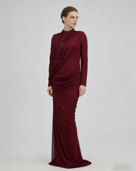 Red Ruched Long Sleeve Maxi Dress