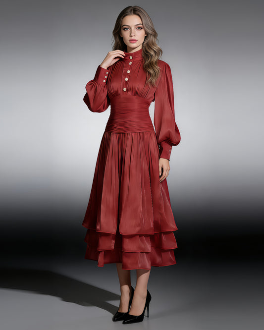 Red Ruched Waist Tiered Midi Dress