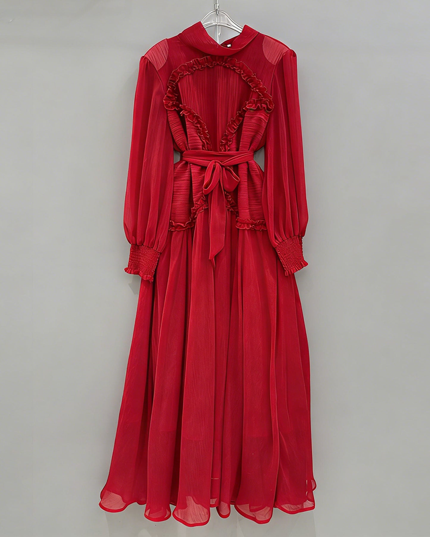 Red Ruffled Tie-Waist Maxi Dress