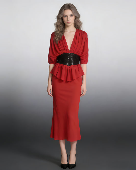 Red Sequin Waist Mermaid Evening Gown