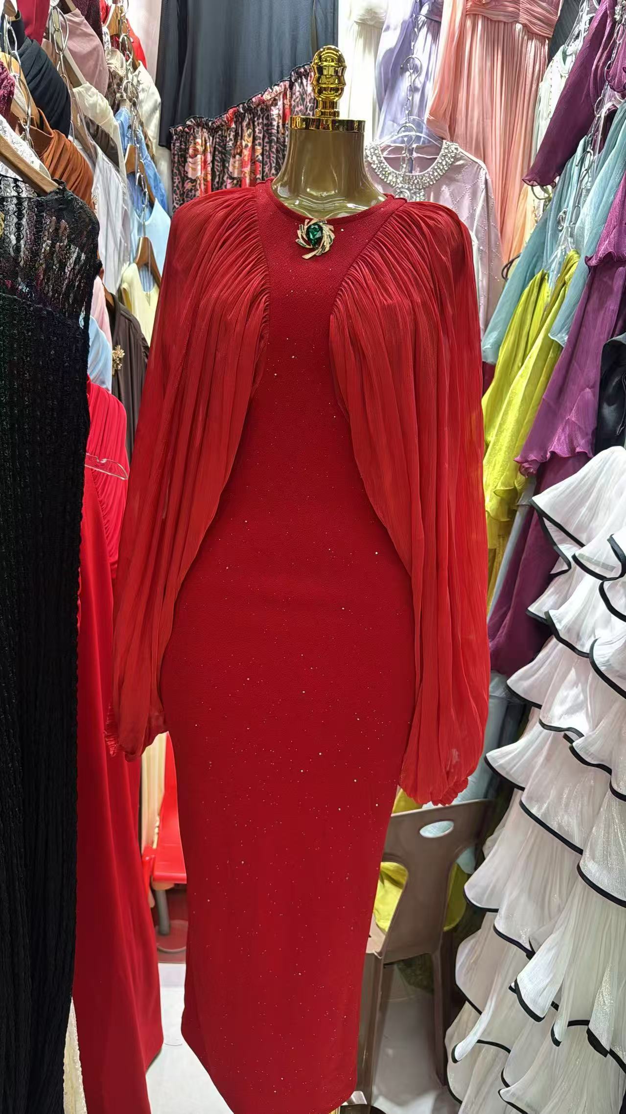 Red Sparkly Sheer Chiffon Lantern Sleeves Midi Dress