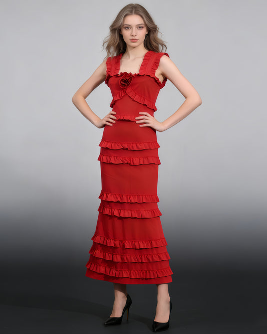 Red 3D Flower Tiered Maxi Dress