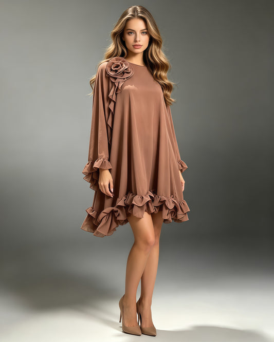 Redbeanpink Spliced Flower Ruffle Loose Mini Dress