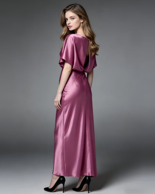 Rose Satin Draped Maxi Dress