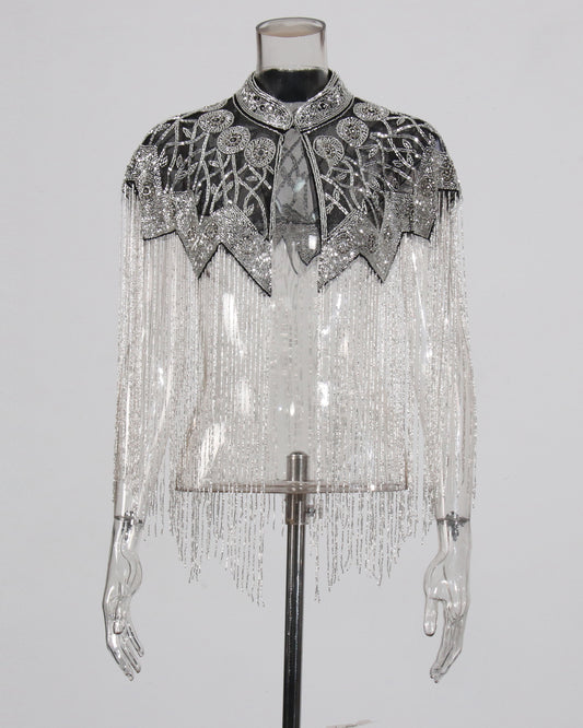 Silvery Embroidered Fringe Capelet Jacket
