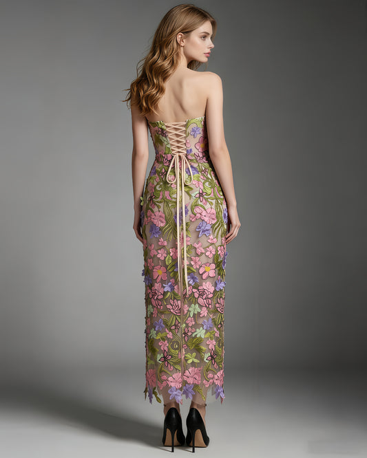 Strapless Floral Applique Mesh Midi Dress
