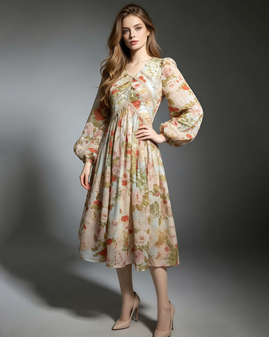 Vintage Print Lantern Long Sleeve Panel Midi Dress