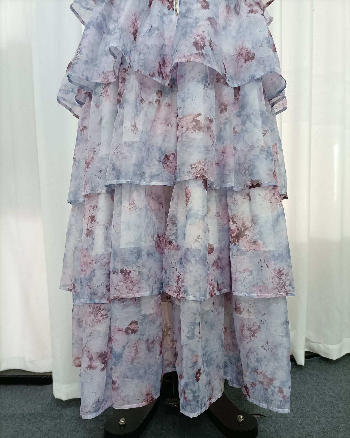 Watercolor Floral Strapless Tiered Ruffle Chiffon Maxi Dress