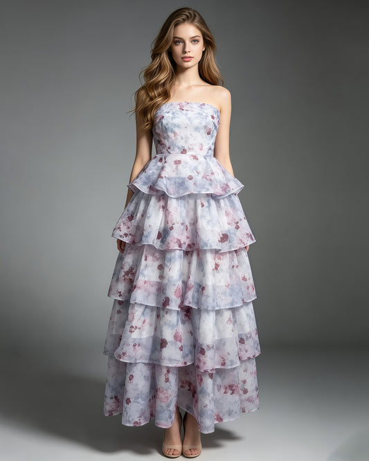 Watercolor Floral Strapless Tiered Ruffle Chiffon Maxi Dress