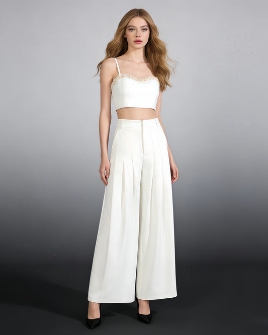 White Beaded Top & Wide-Leg Pants Set