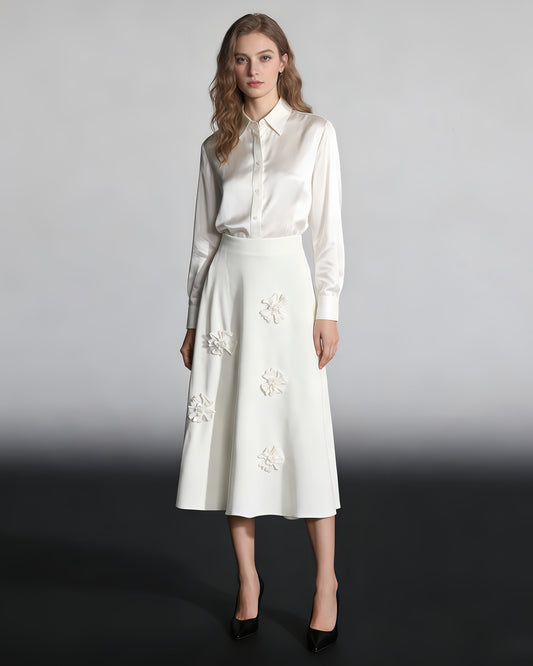 White 3D Floral A-Line Midi Skirt