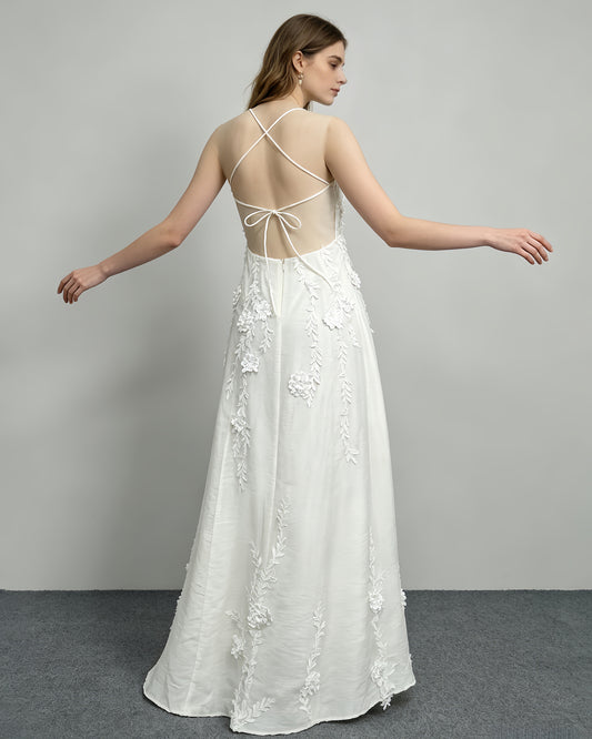 Beige 3D Floral Appliqué Maxi Dress