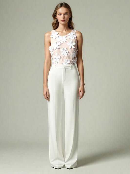 White 3D Floral Appliqué Sleeveless Top