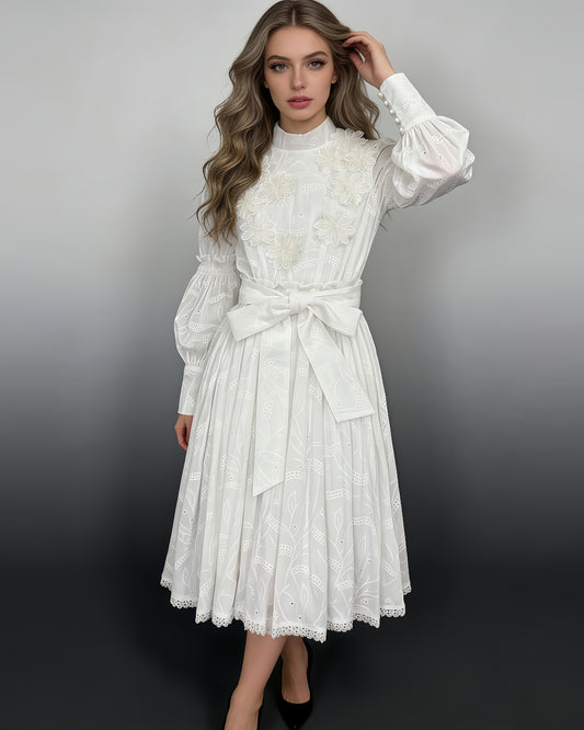 White 3D Floral Eyelet Belted Midi Dress