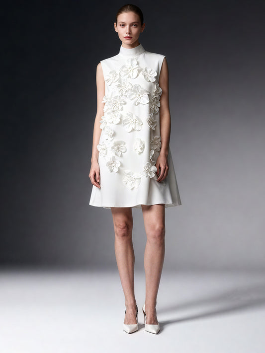 White 3D Floral High Neck Mini Dress
