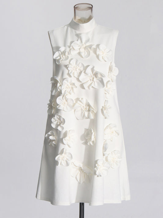 White 3D Floral High Neck Mini Dress