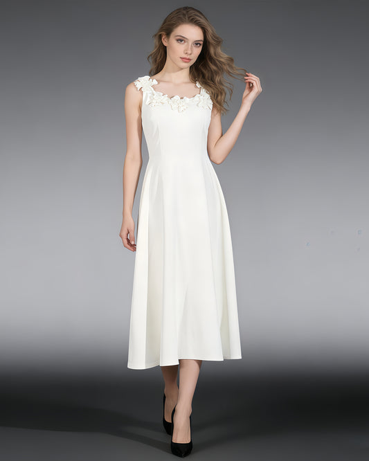 White 3D Floral Neckline Midi Dress