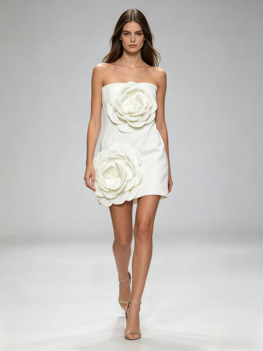 White 3D Flower Strapless Mini Dress