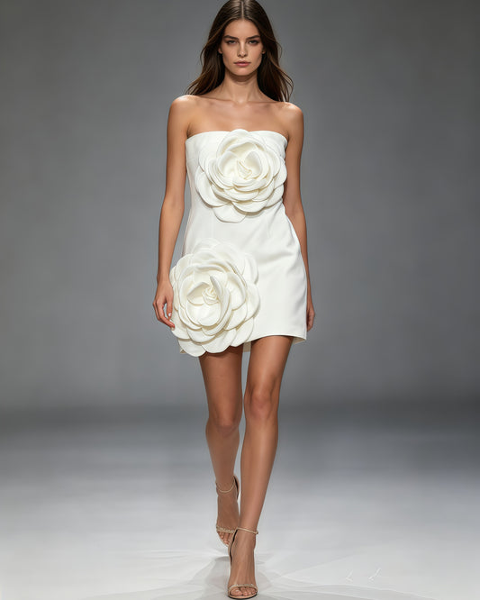 White 3D Flower Strapless Mini Dress