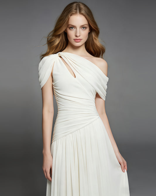 White Asymmetric Draped Maxi Dress