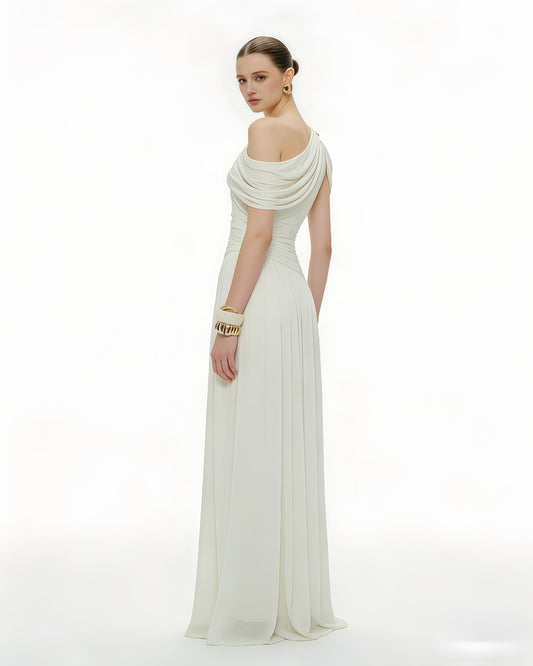 White Asymmetrical One-Shoulder Ruched Maxi Dress