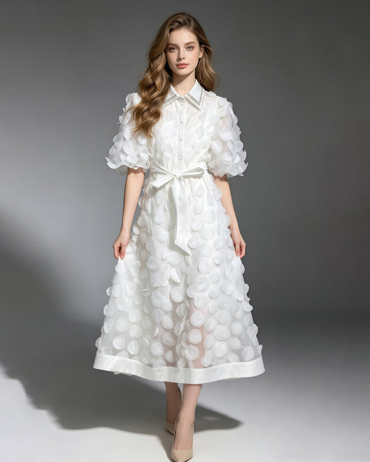 White Beaded Lapel Tunic Belted Maxi Shirt Dress