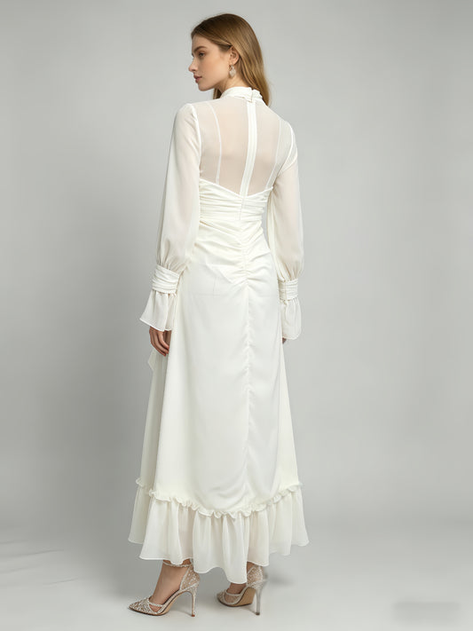 White Cutout Ruffle Chiffon Midi Dress