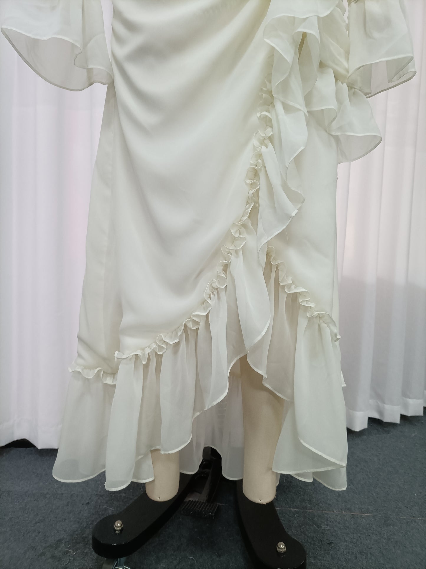White Cutout Ruffle Chiffon Midi Dress
