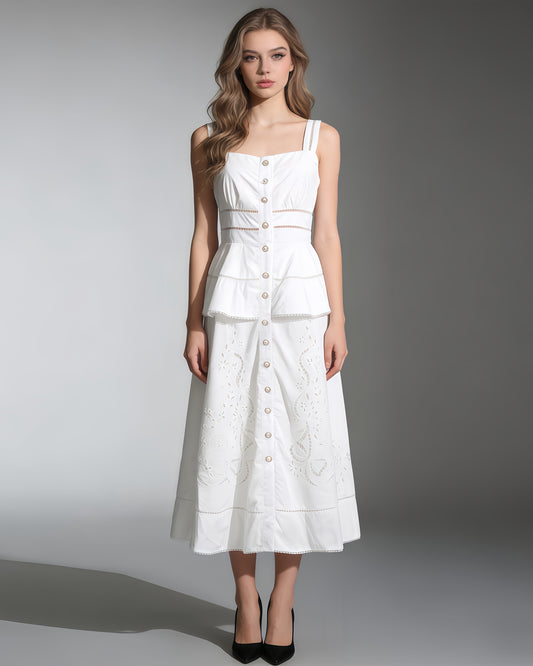 White Cutwork Embroidery Ruffle Strap Dress