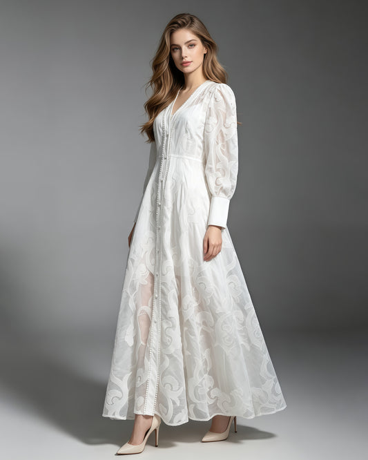 White Embroidered Long Sleeve Maxi Dress