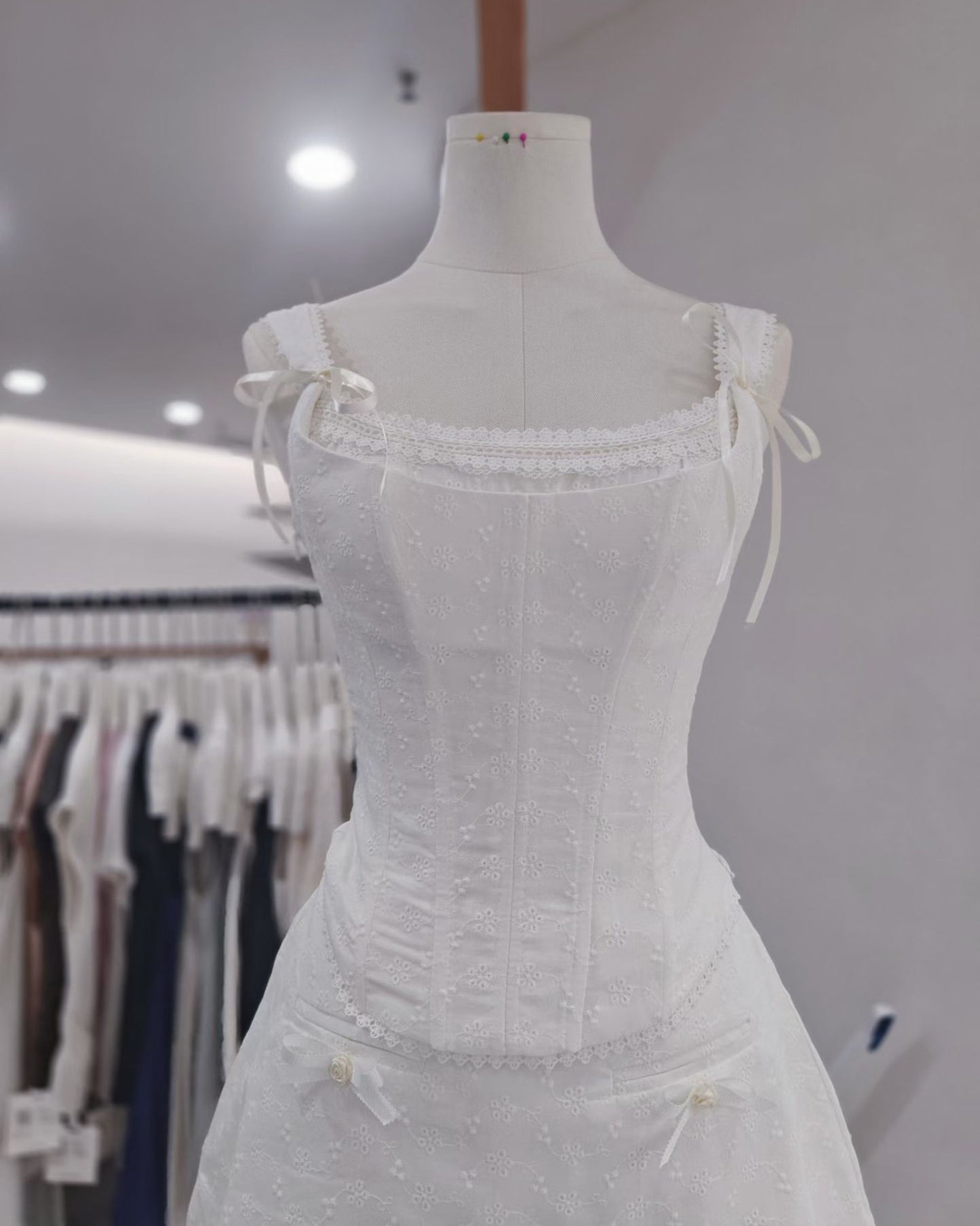 White Eyelet Lace Corset Bow Detail Set