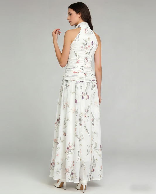 White Floral Halter Tie Maxi Dress