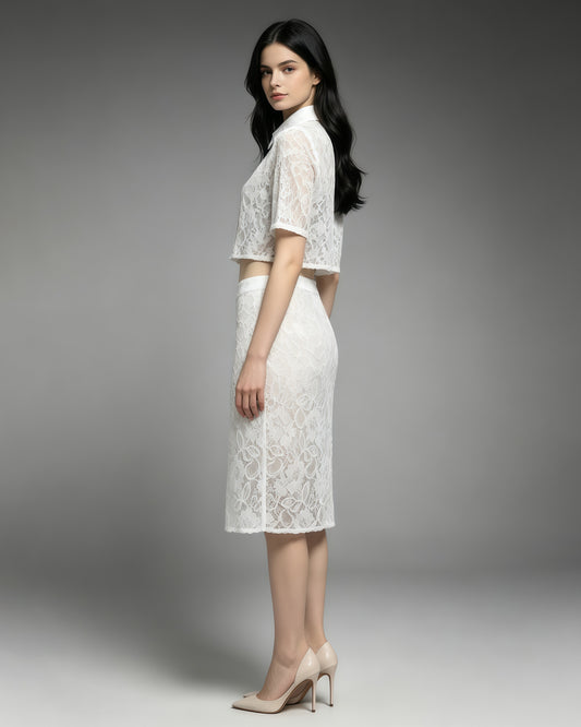 White Floral Lace Collar Crop Shirt High Waist Skirt Set