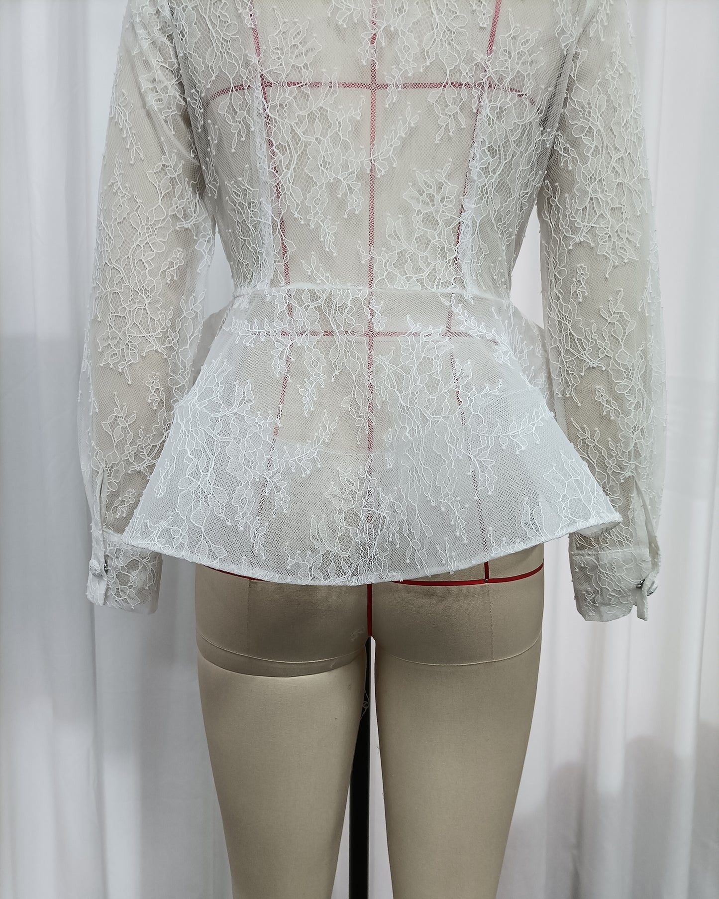 White Floral Lace Lapel Peplum Long Sleeve Blouse