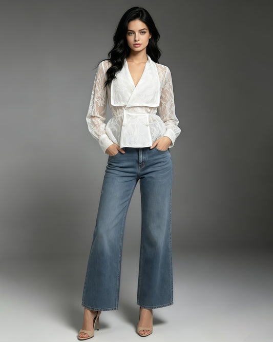 White Floral Lace Lapel Peplum Long Sleeve Blouse