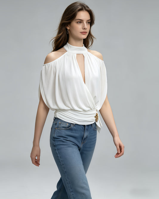 White Halter Cold-Shoulder Wrap Crop Top