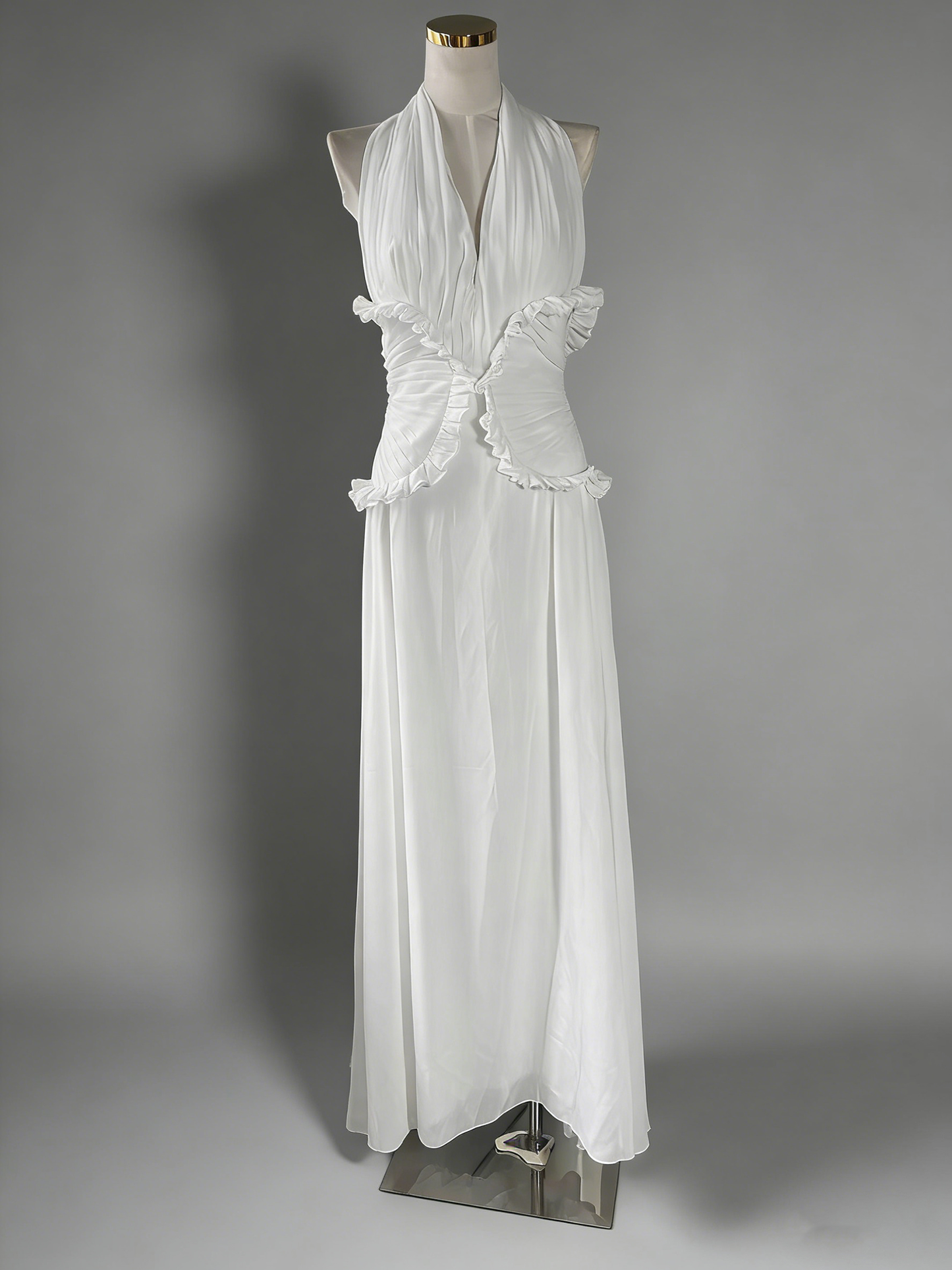 White Halter Gown with Ruffle Accents & Ruched Waist