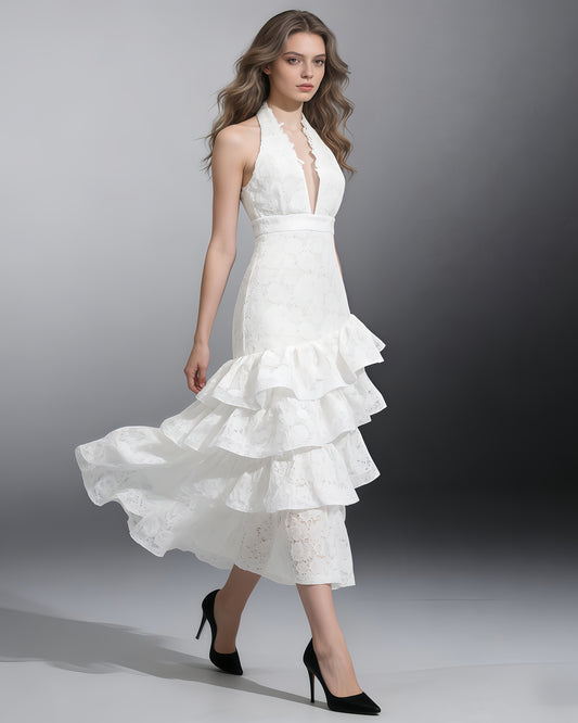 White Halter Lace Tiered Midi Dress