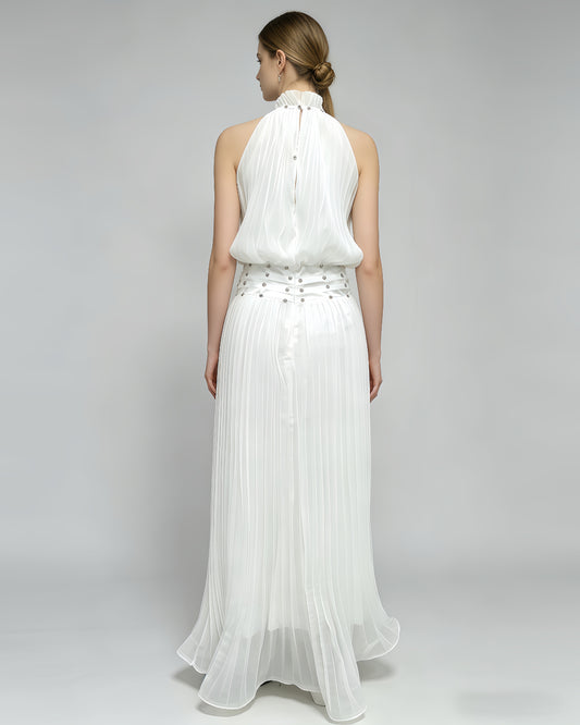White Halter Pleated Maxi Dress with Studded Waist