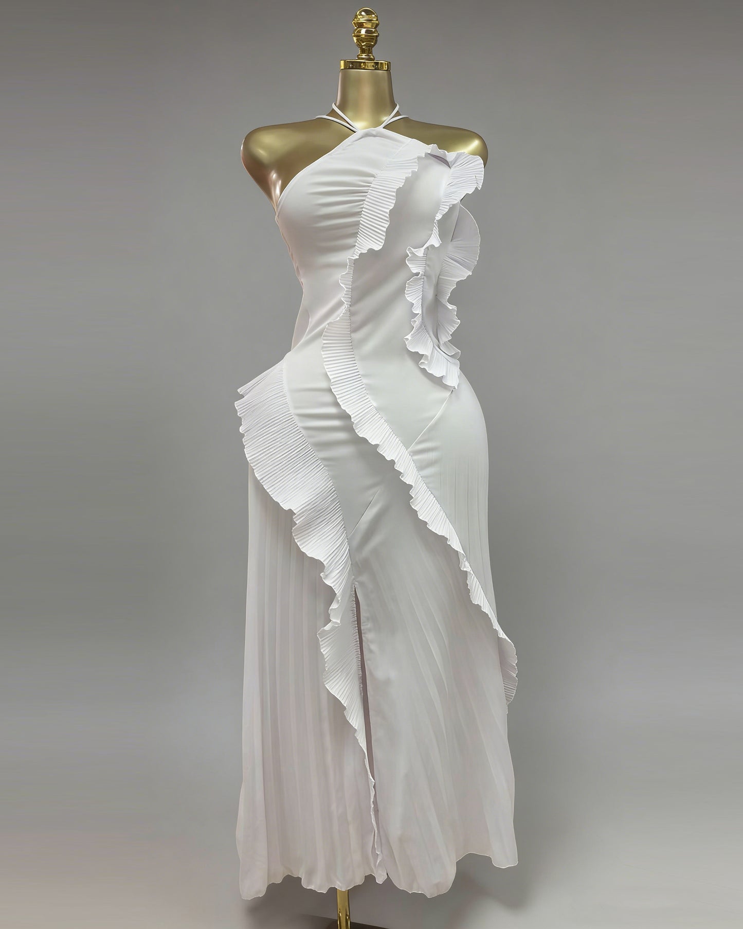 White Halter Ruffle Slit Midi Dress