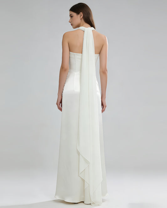 White Halter Twist Knot Shimmer Maxi Dress