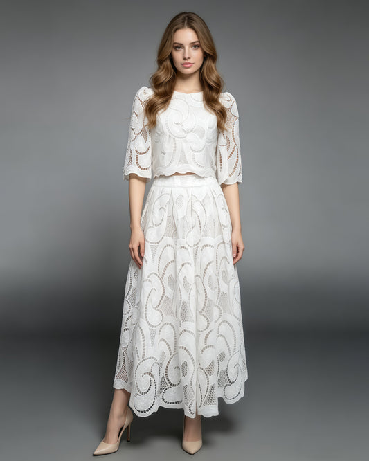 White Heavy Lace Top A-Line Skirt Set