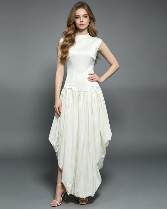 Beige High-Neck Sleeveless Asymmetric Balloon Dress