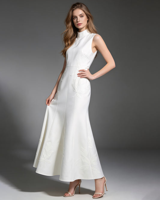 White High Neck Sleeveless Appliqué Maxi Dress