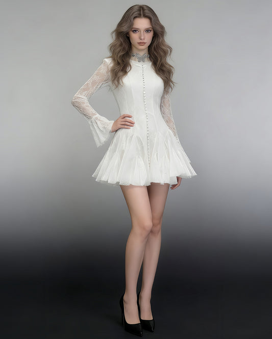 White Lace Fitted Ruffle Mini Dress