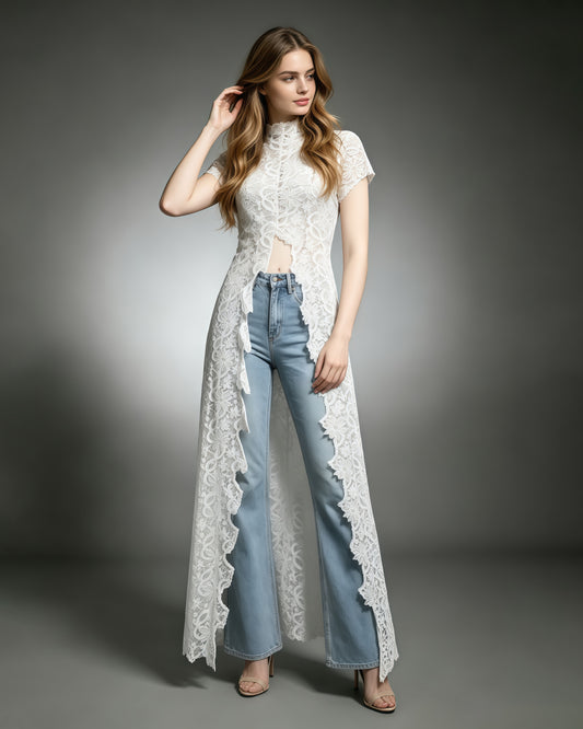 White Lace High Neck Short Sleeve Long Top