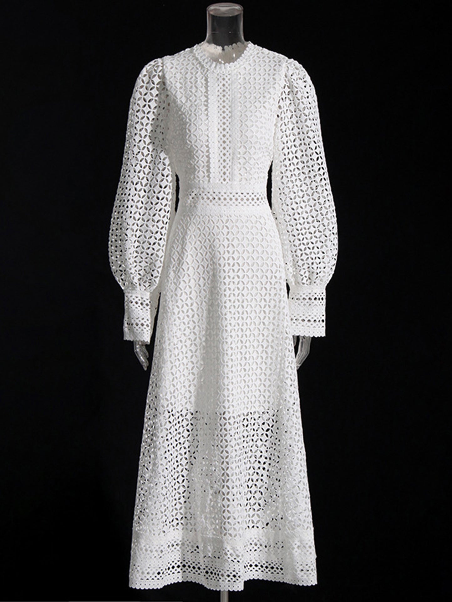 White Lace Hollow-Out Long Sleeve Midi Dress