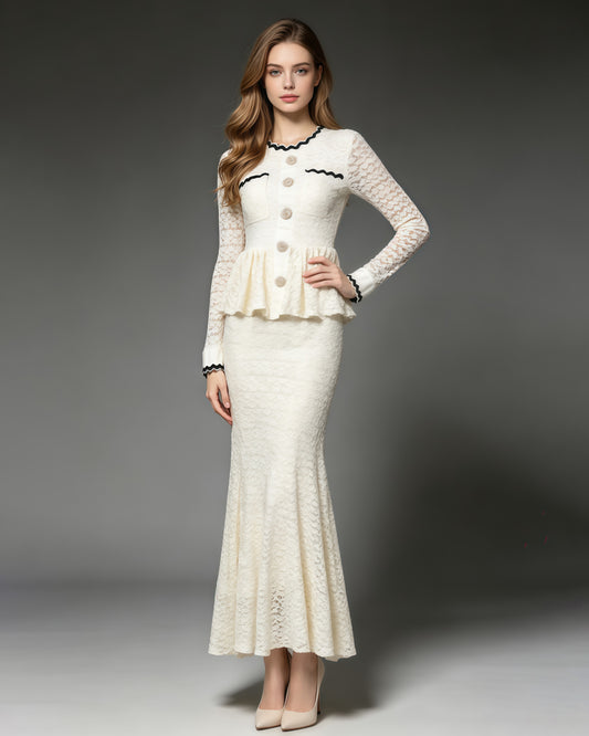 Apricot Lace Long Sleeve Mermaid Maxi Dress