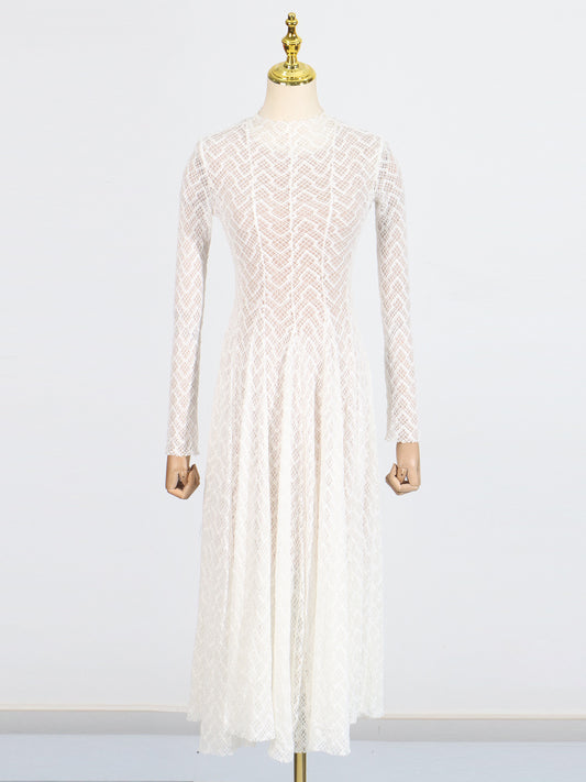White Lace Maxi Dress with Long Sleeve & Sheer Design